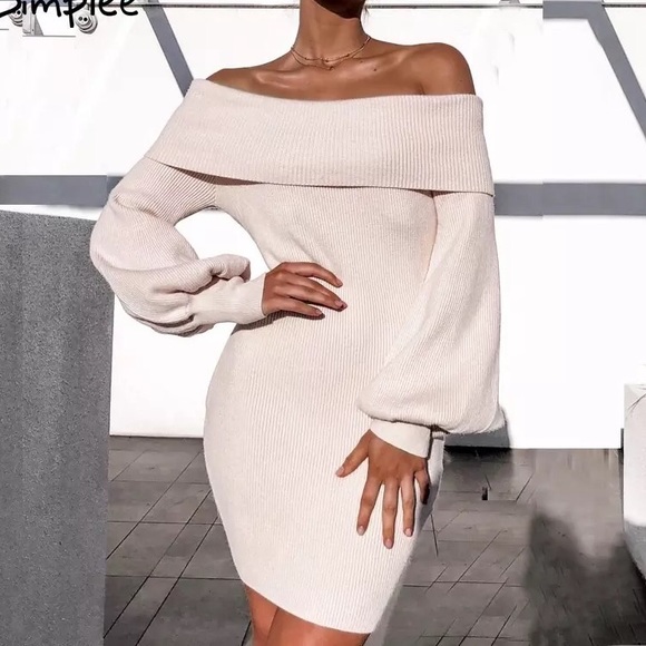 Off Shoulder Pink Dress Sweater Knitted Mini Dress - Picture 5 of 5